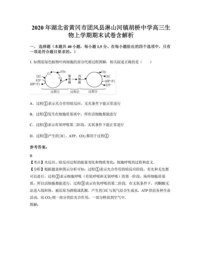 2020年湖北省黄冈市团风县淋山河镇胡桥中学高三生物上学期期末试卷含解析