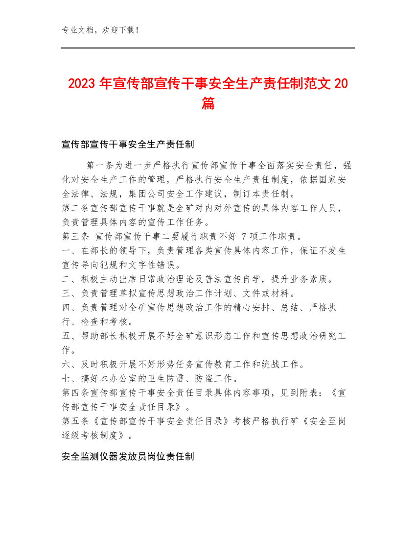 2023年宣传部宣传干事安全生产责任制范文20篇