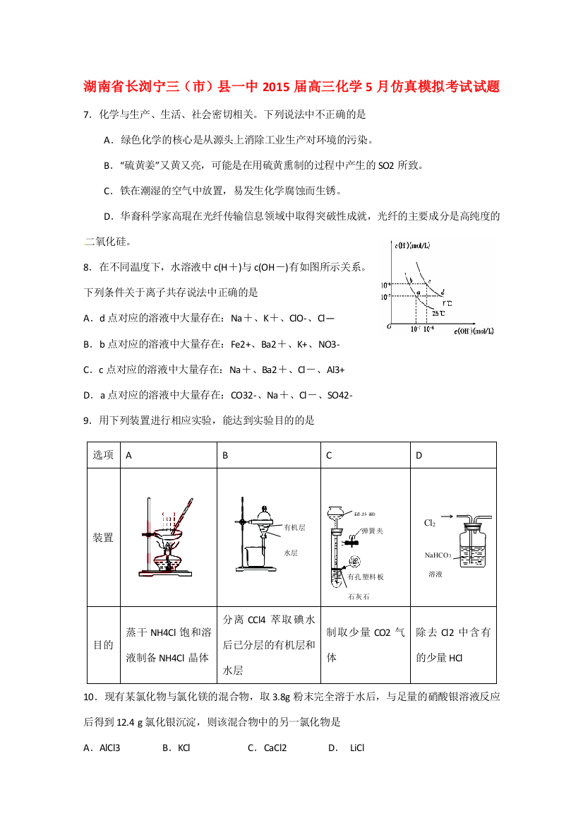 湖南省长浏宁三（市）县一中2015届高三化学5月仿真模拟考试试题