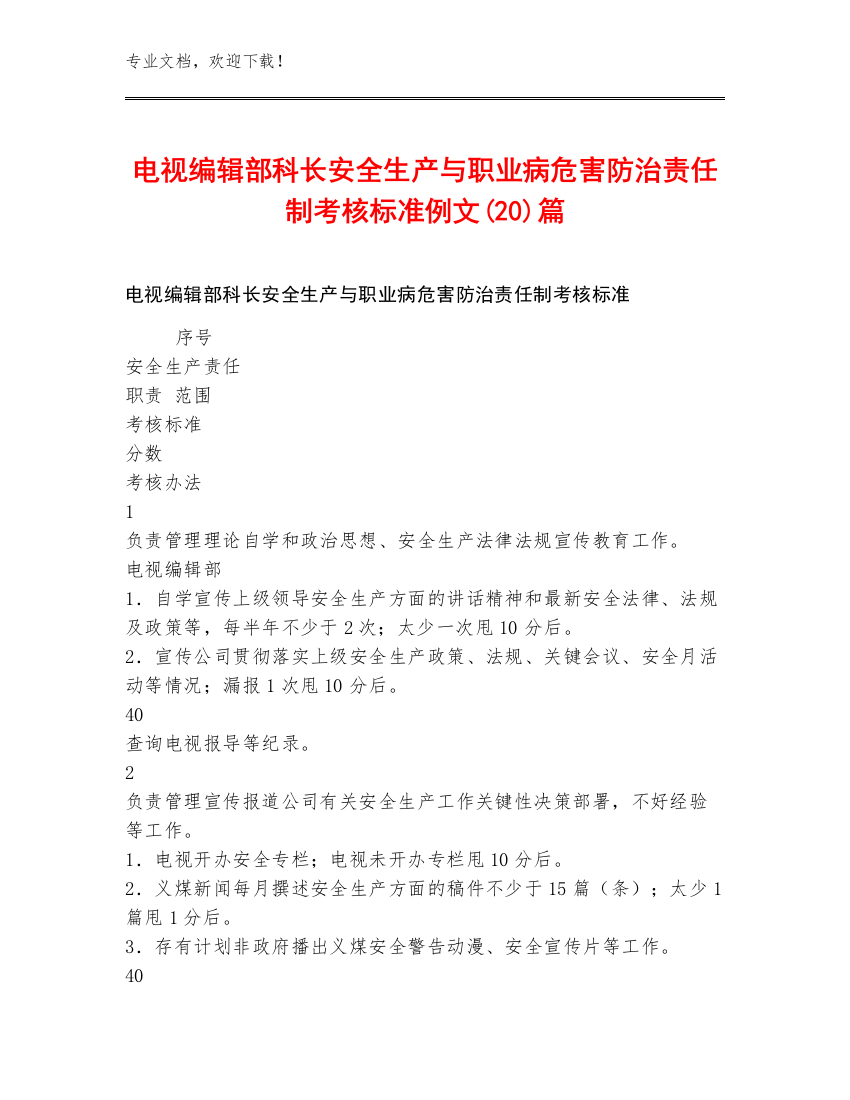 电视编辑部科长安全生产与职业病危害防治责任制考核标准例文(20)篇