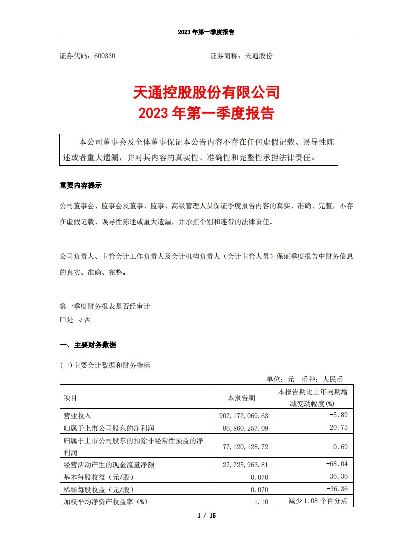 上交所-天通股份2023年第一季度报告-20230425