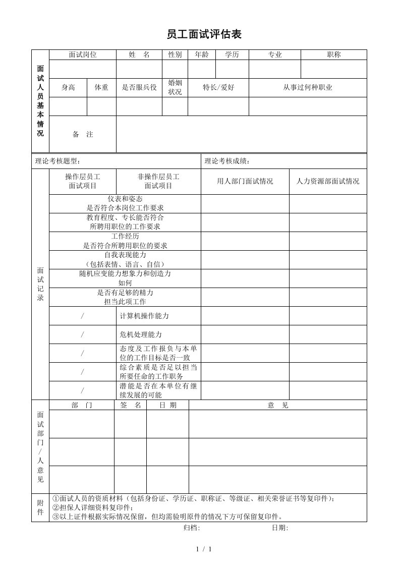 员工面试评估表