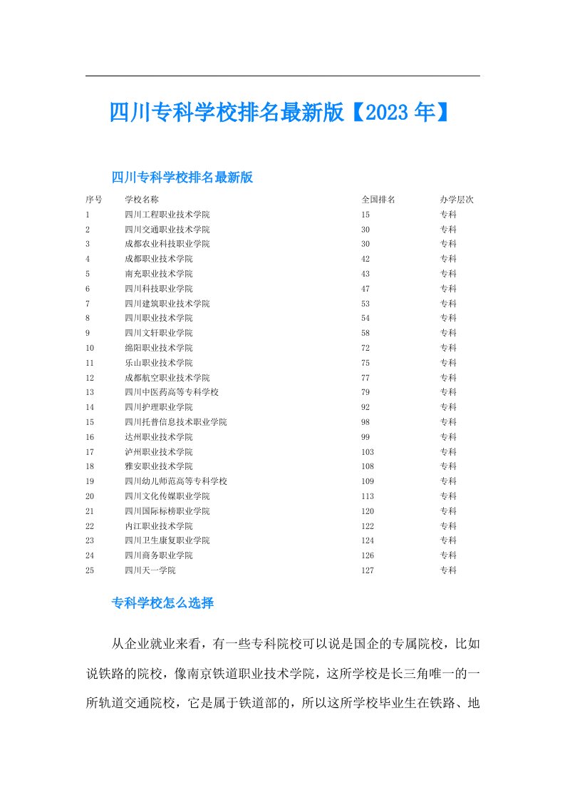 四川专科学校排名最新版【】