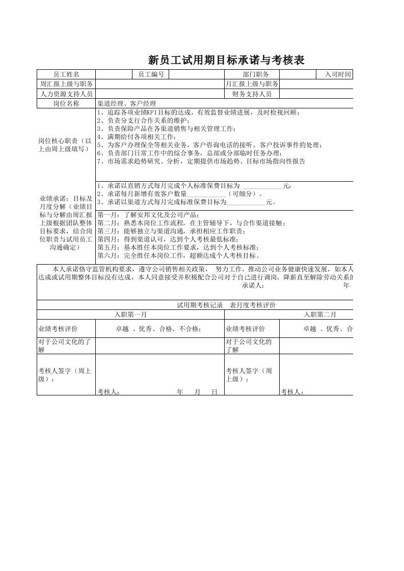 新员工试用期目标承诺与考核表