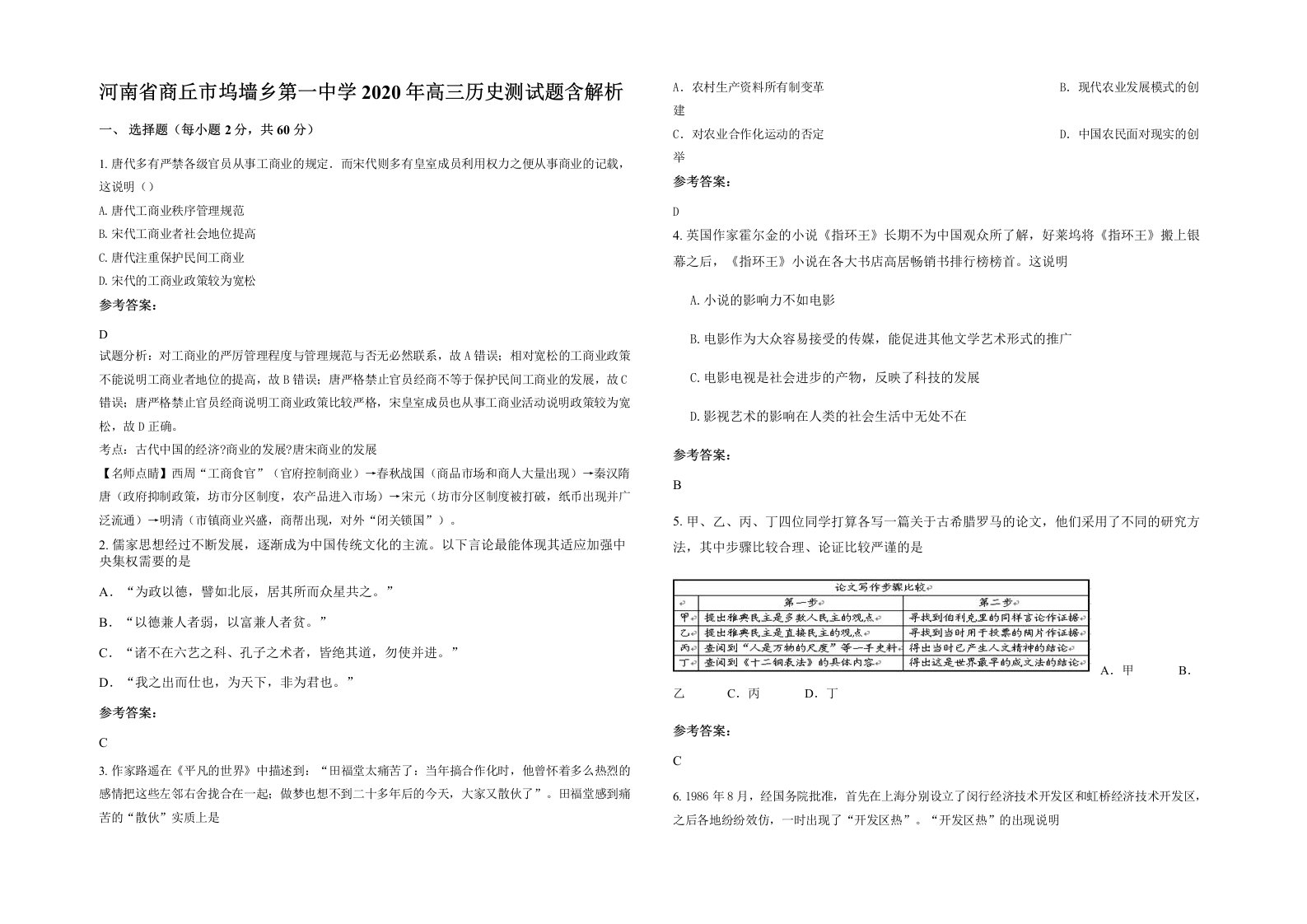 河南省商丘市坞墙乡第一中学2020年高三历史测试题含解析