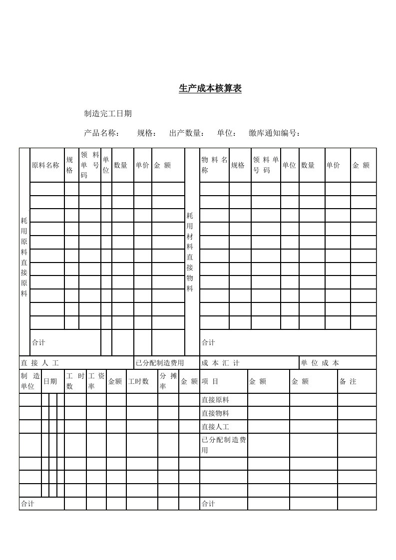 企业生产成本核算表