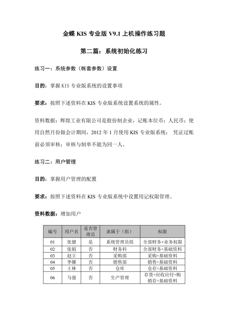 金蝶KIS专业版V9上机操作练习题