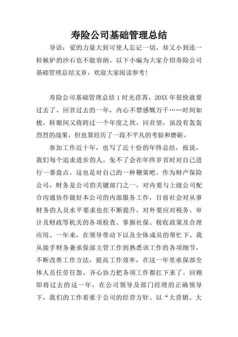 寿险公司基础管理总结.doc