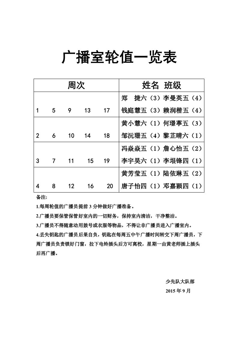 广播室轮值一览表