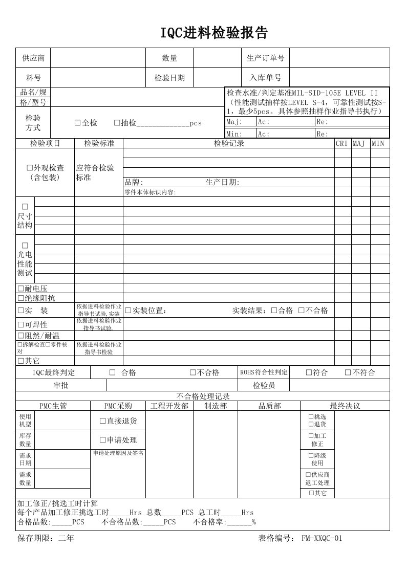 IQC进料检验报告