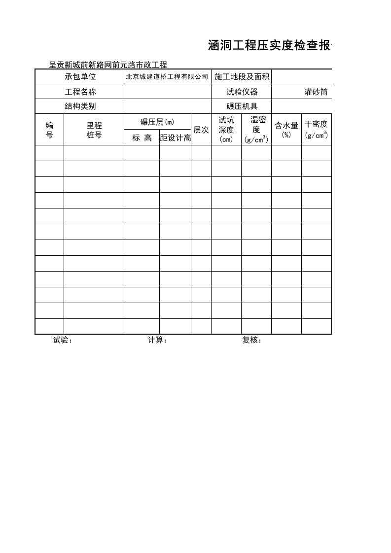 工程资料-压实度试验报告表压实度灌砂法含水量