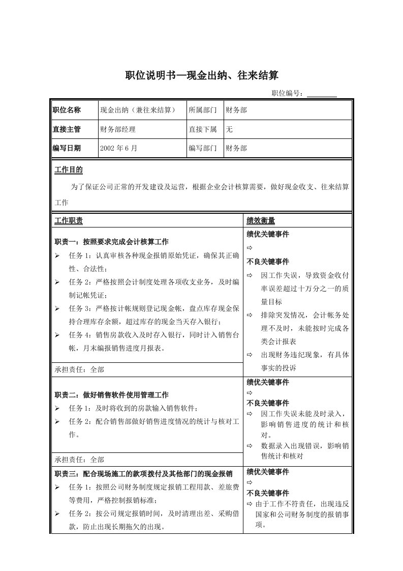 职位说明书-现金出纳、往来结算