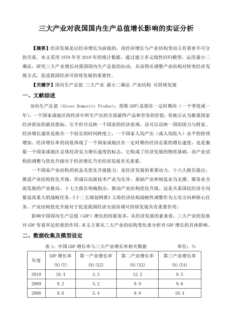 三大产业对国内生产总值增长影响的实证分析