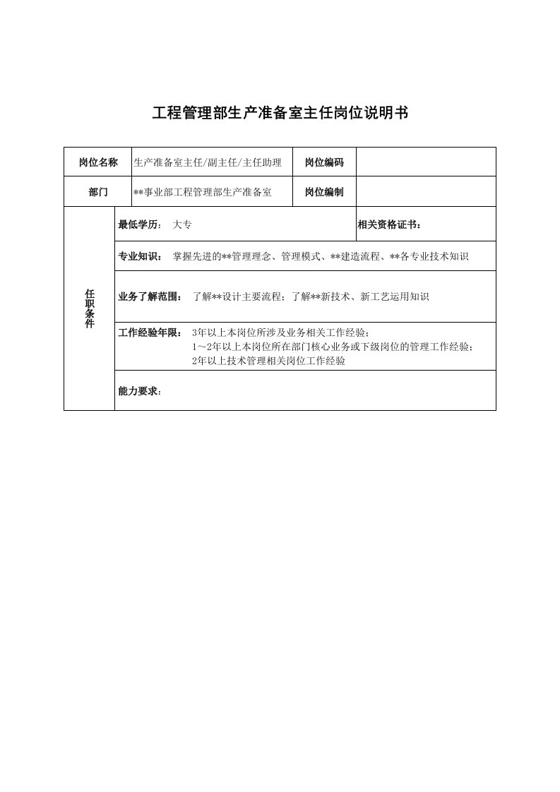 岗位职责-广船国际事业部工程管理部生产准备室主任岗位说明书