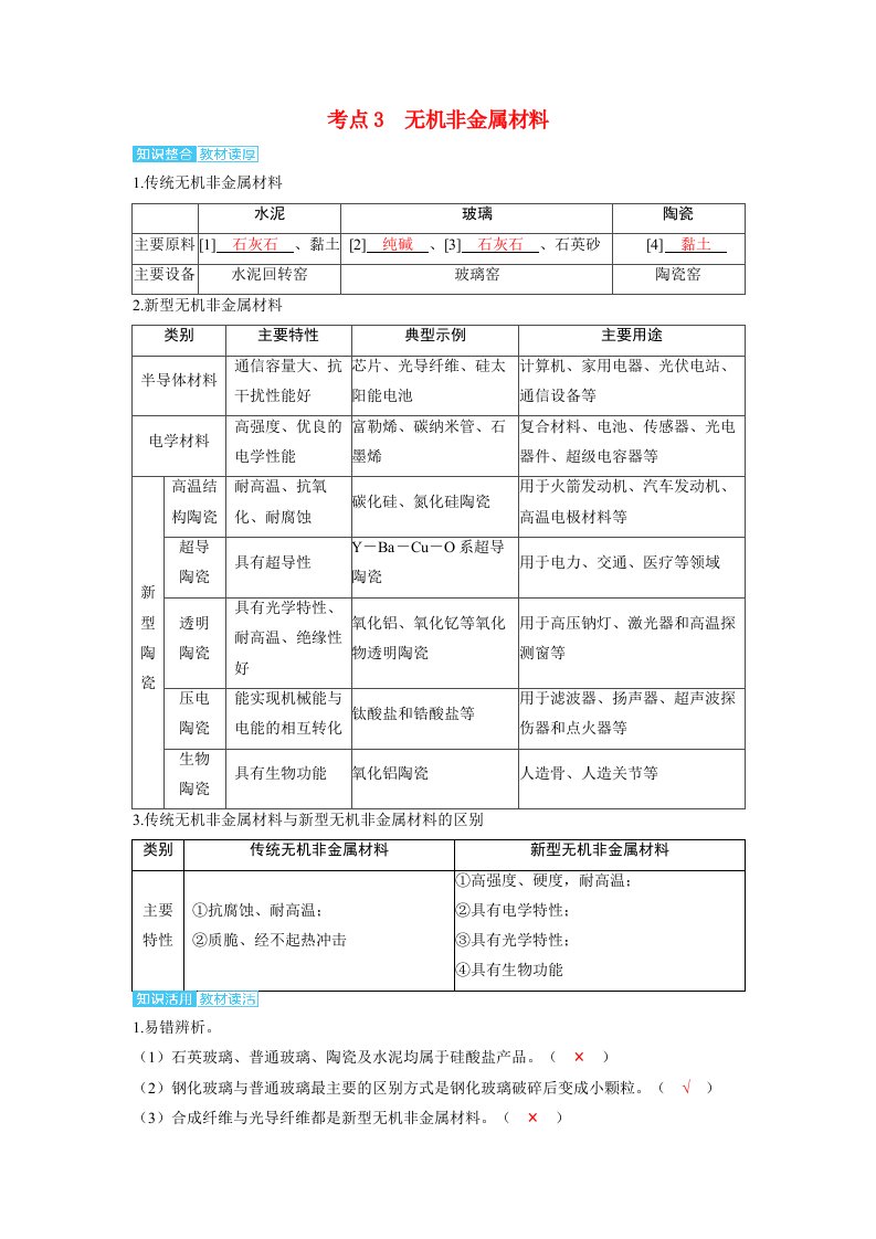 备考2024届高考化学一轮复习讲义第四章非金属及其化合物第9讲碳硅及其化合物无机非金属材料考点3无机非金属材料