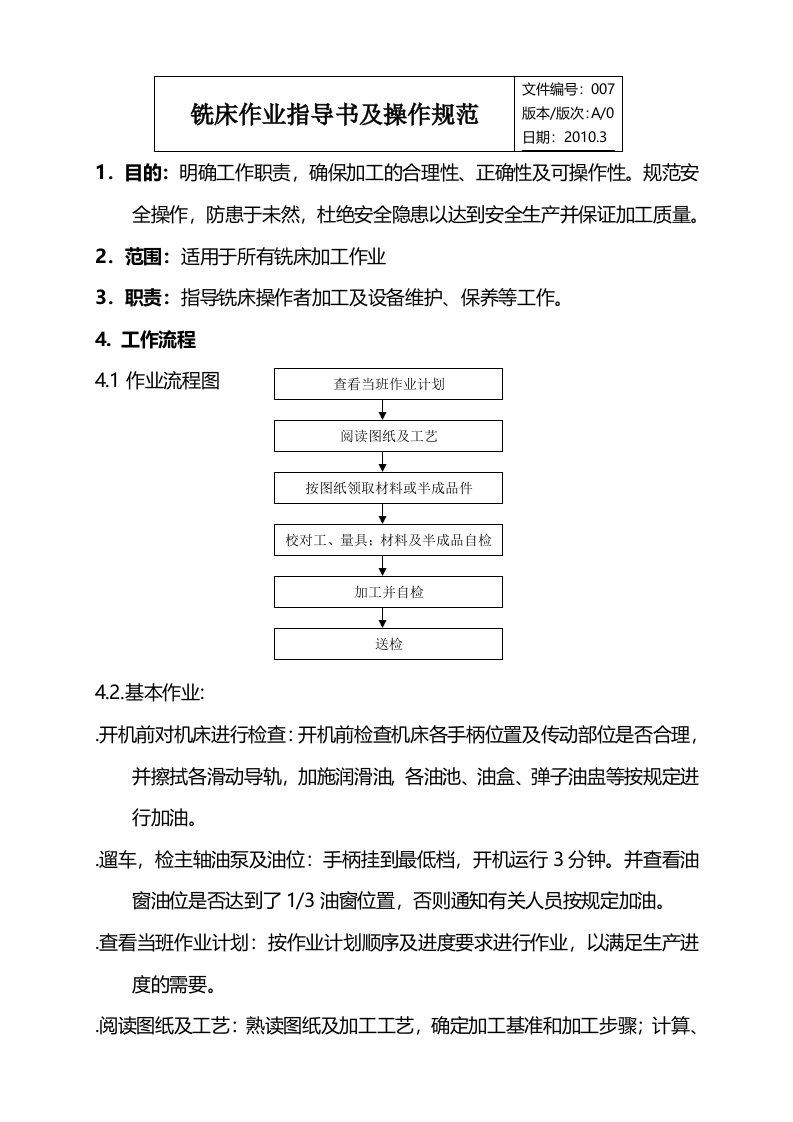 铣床作业指导书及操作规范