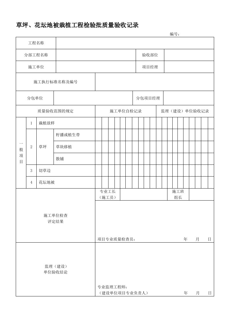 草坪、花坛地被栽植工程检验批质量验收记录表2