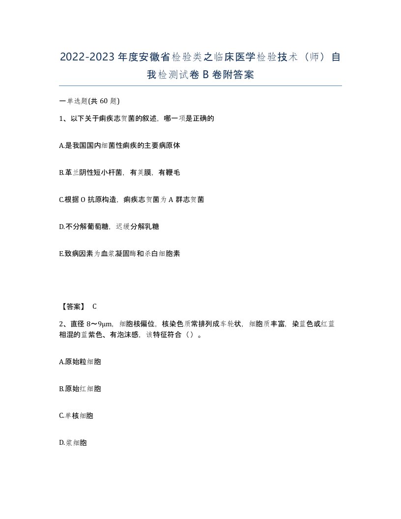 2022-2023年度安徽省检验类之临床医学检验技术师自我检测试卷B卷附答案