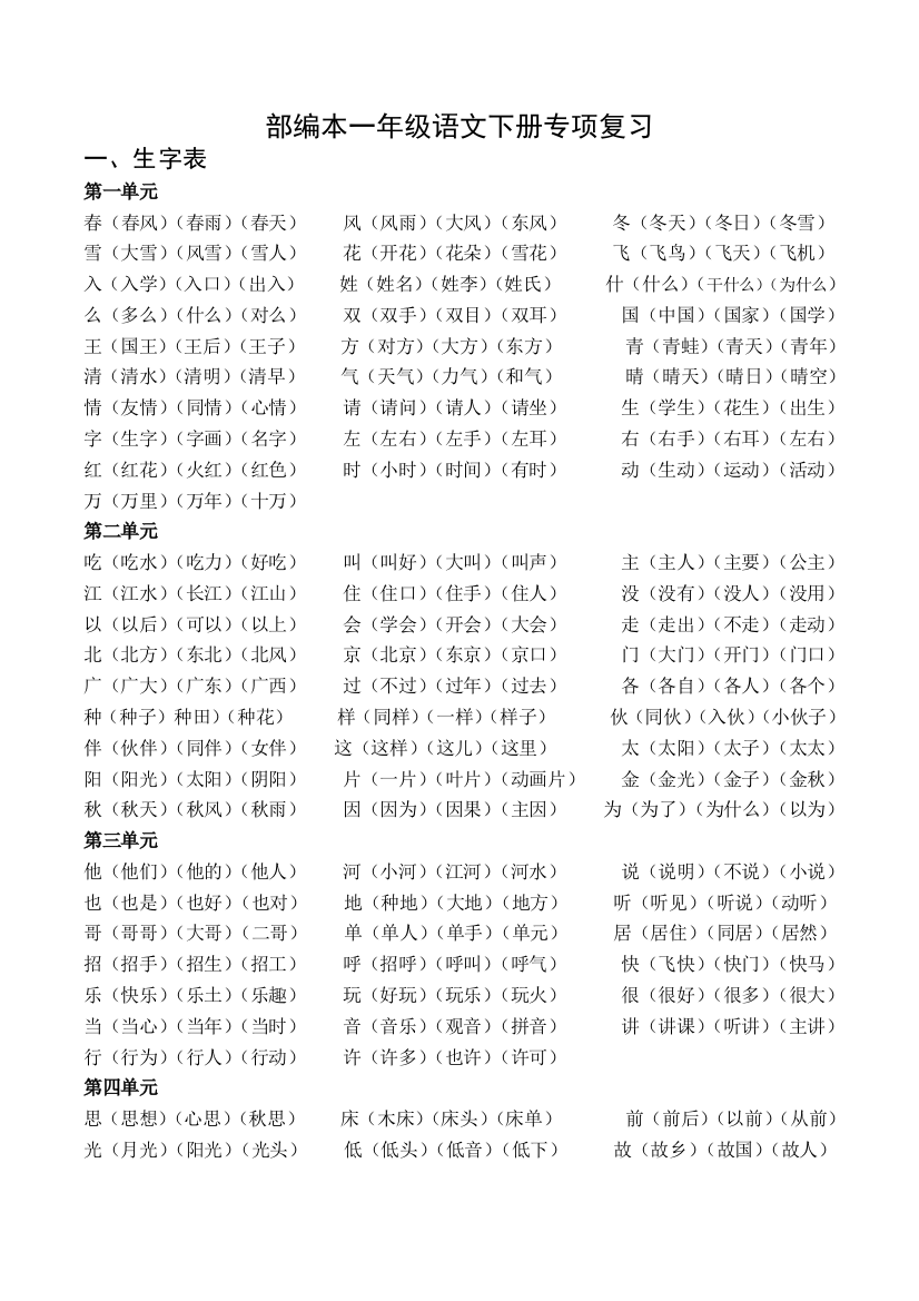 部编一年级下册语文总复习资料