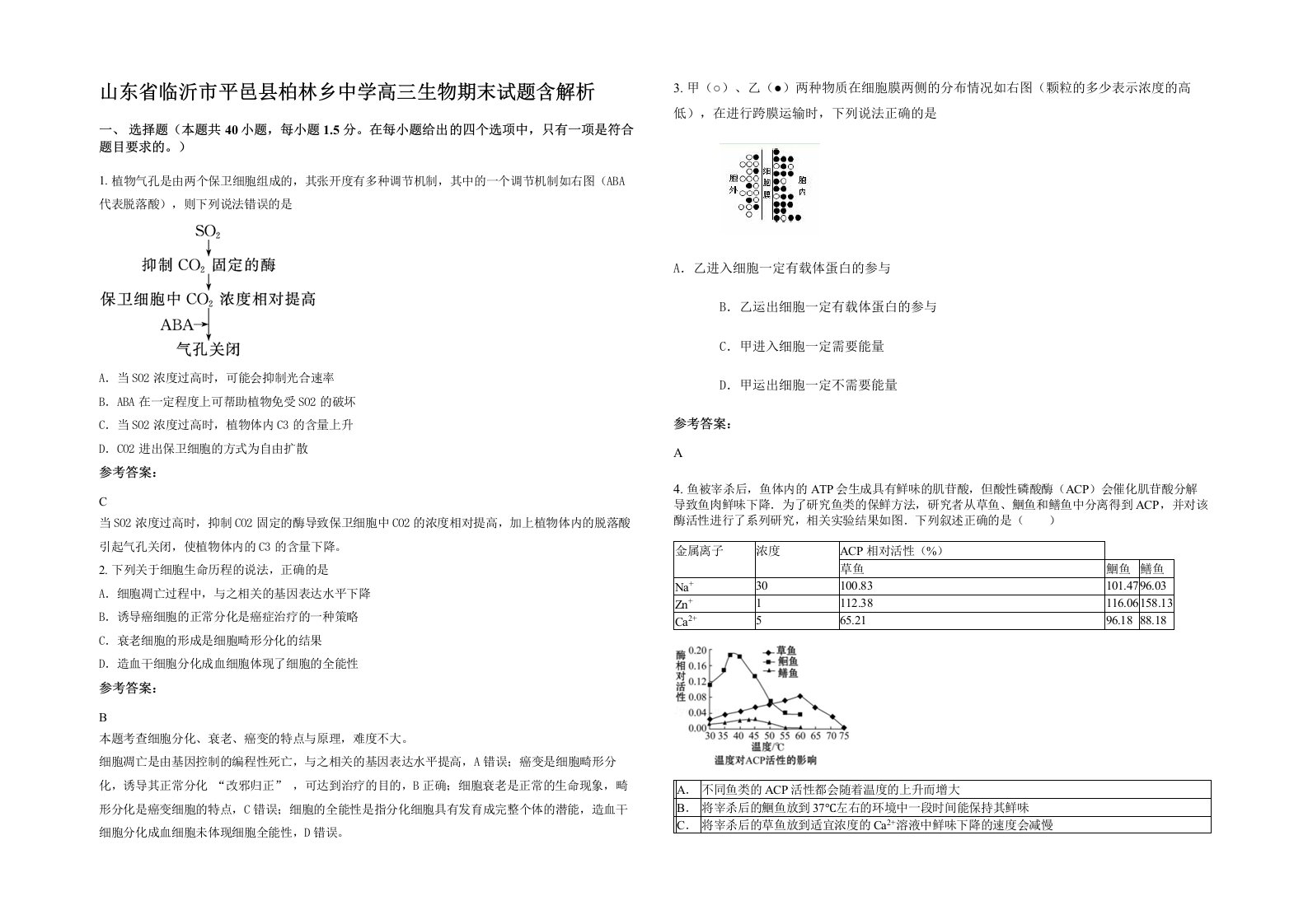 山东省临沂市平邑县柏林乡中学高三生物期末试题含解析