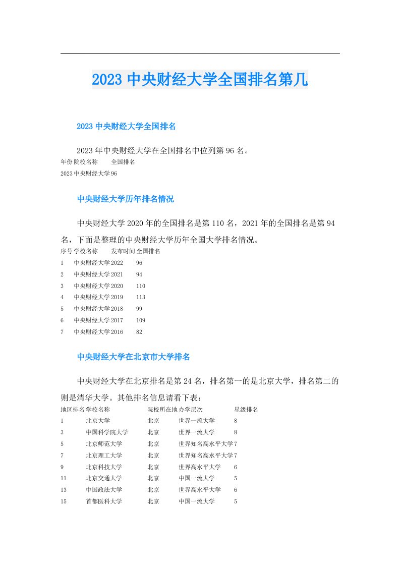 中央财经大学全国排名第几