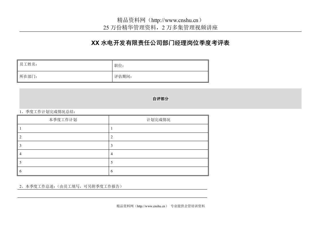 电力行业-部门经理岗位季度考评表