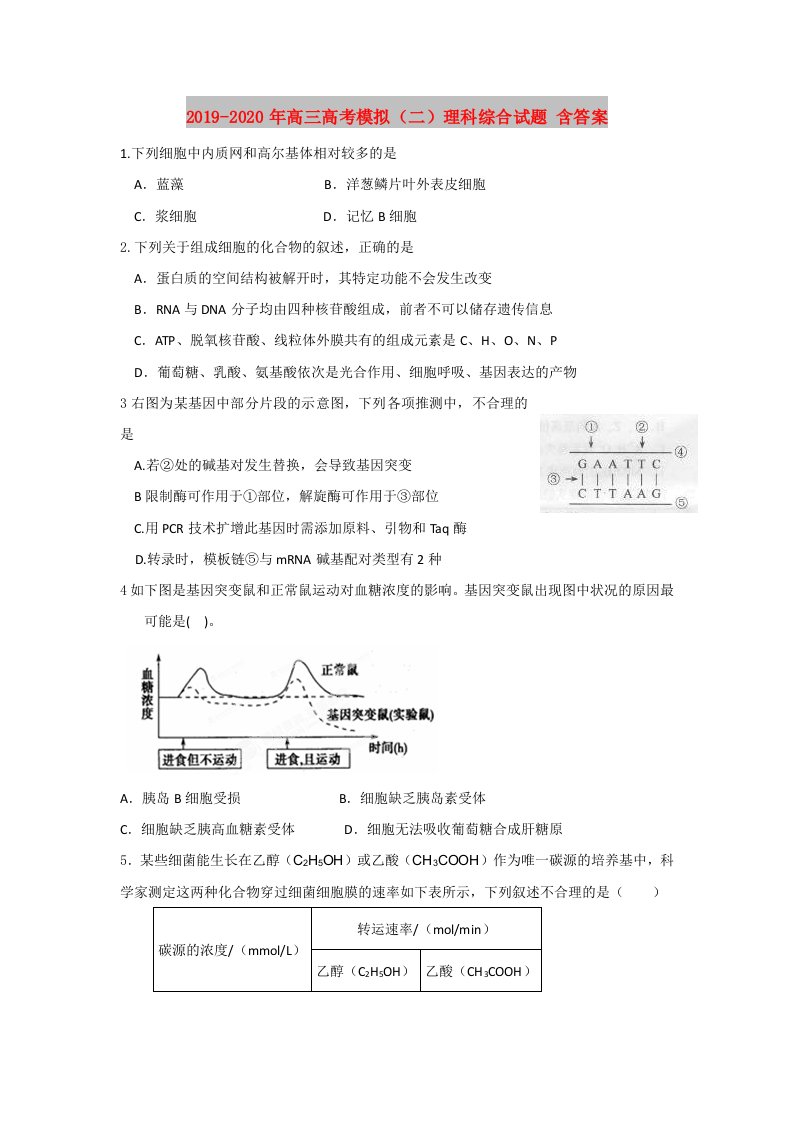 2019-2020年高三高考模拟（二）理科综合试题