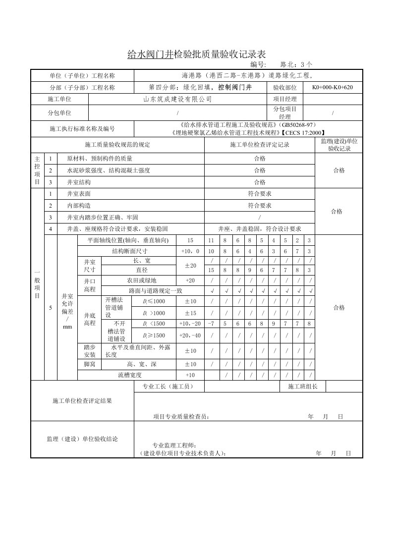 阀门井检验批质量验收记录表