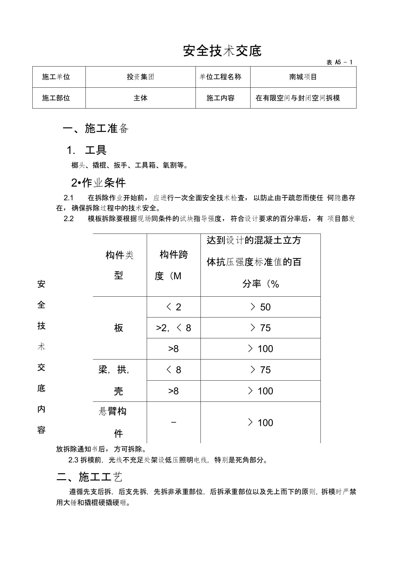 在有限空间与封闭空间拆模安全技术交底