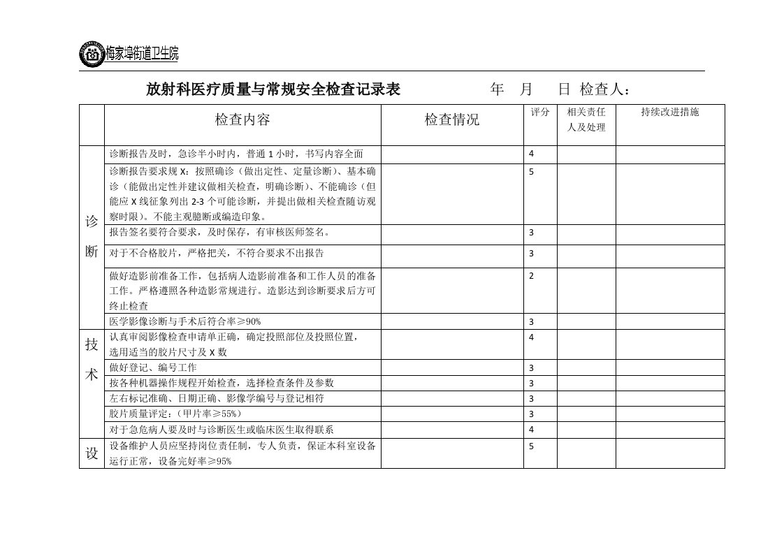 放射科医疗质量与常规安全检查记录表