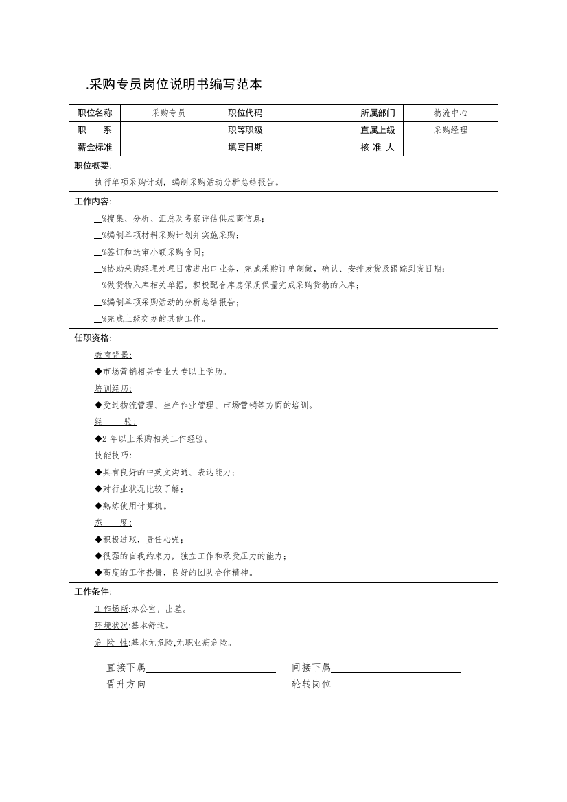 采购专员岗位说明书编写范本