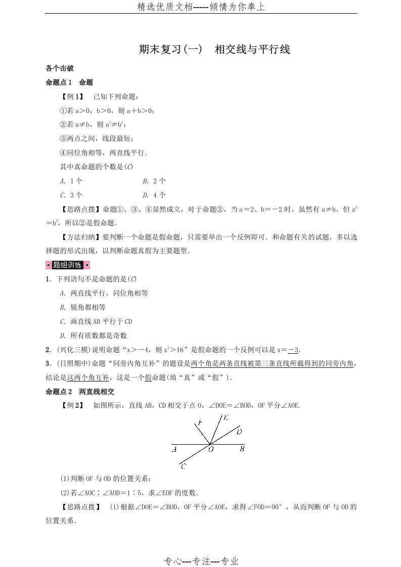 人教版七年级数学下册期末复习(一)相交线与平行线讲义-优质版(共11页)