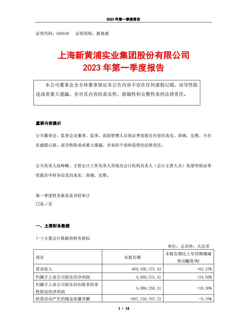 上交所-新黄浦2023年第一季度报告-20230427