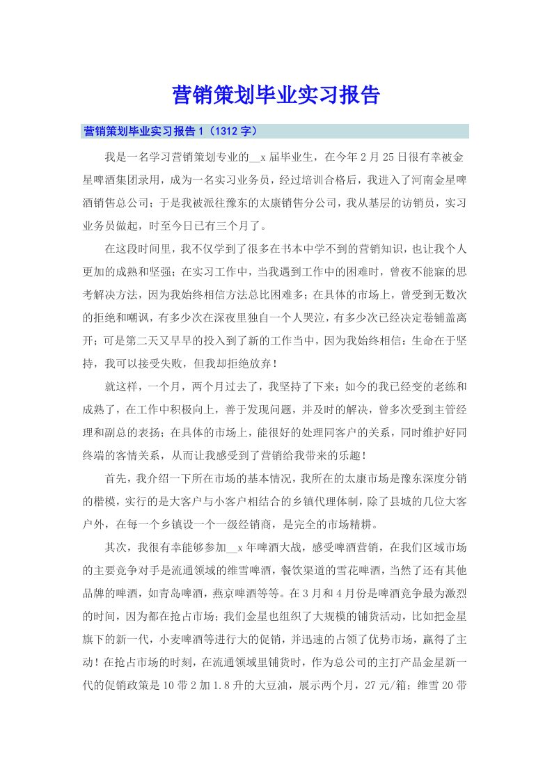 营销策划毕业实习报告