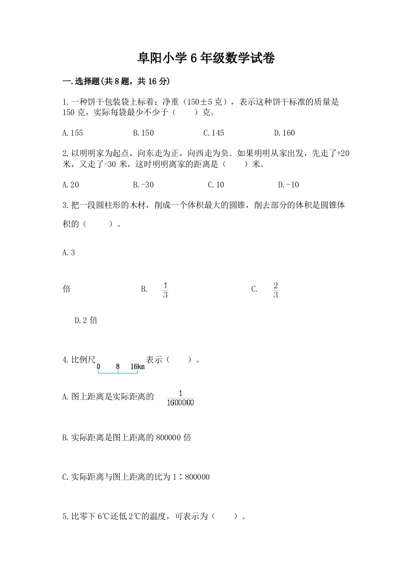 阜阳小学6年级数学试卷【夺冠系列】