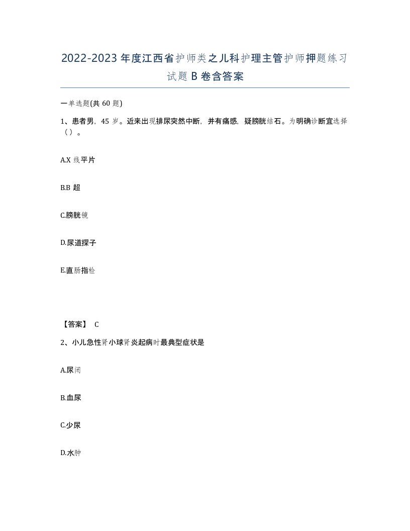 2022-2023年度江西省护师类之儿科护理主管护师押题练习试题B卷含答案