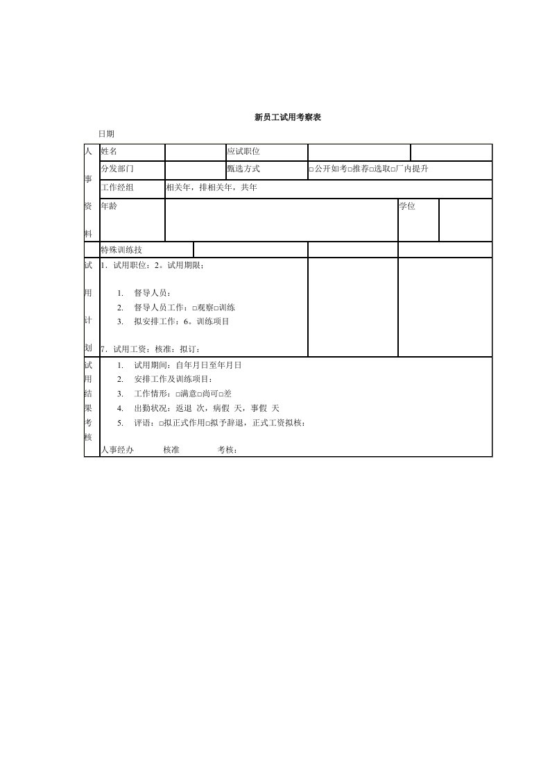 新员工试用考察表