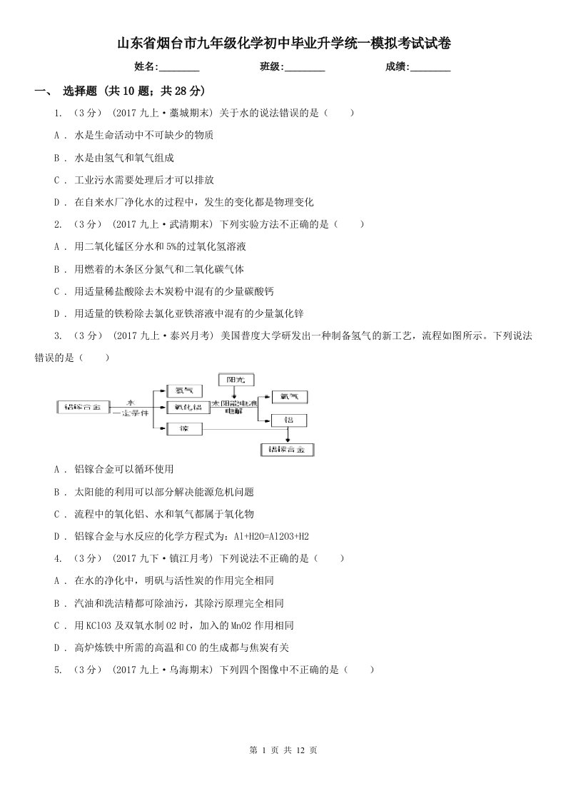 山东省烟台市九年级化学初中毕业升学统一模拟考试试卷