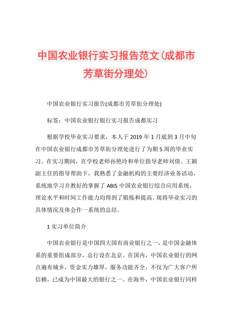 中国农业银行实习报告范文(成都市芳草街分理处)