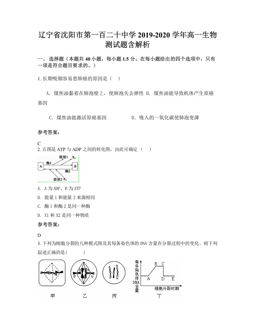 辽宁省沈阳市第一百二十中学2019-2020学年高一生物测试题含解析