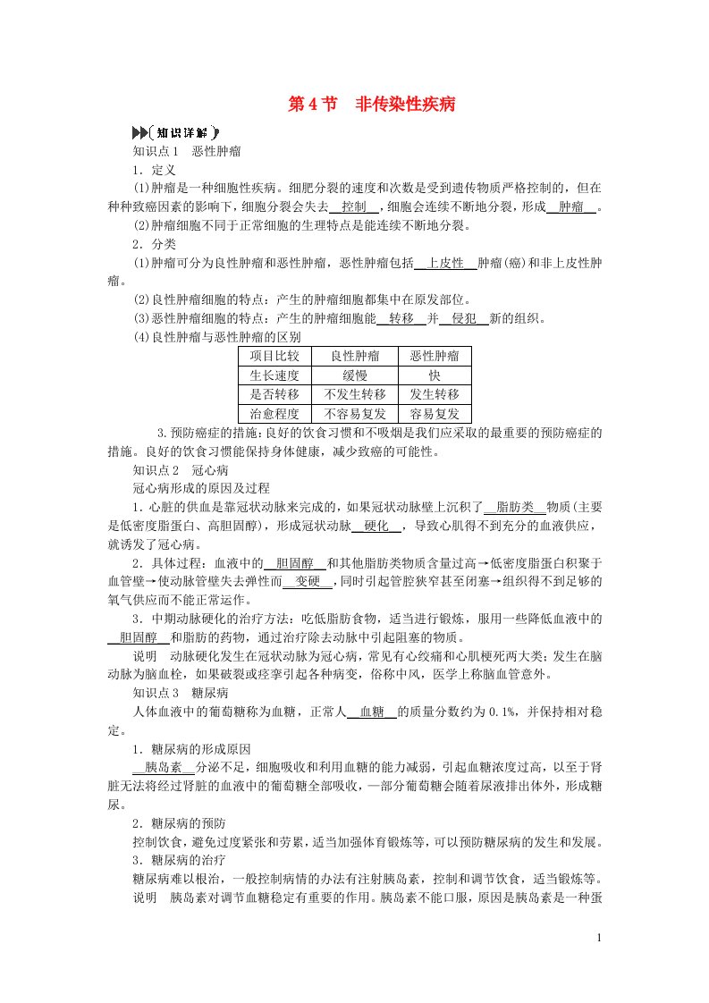 2022九年级科学下册第3章人的降3.4非传染性疾病提优手册新版浙教版