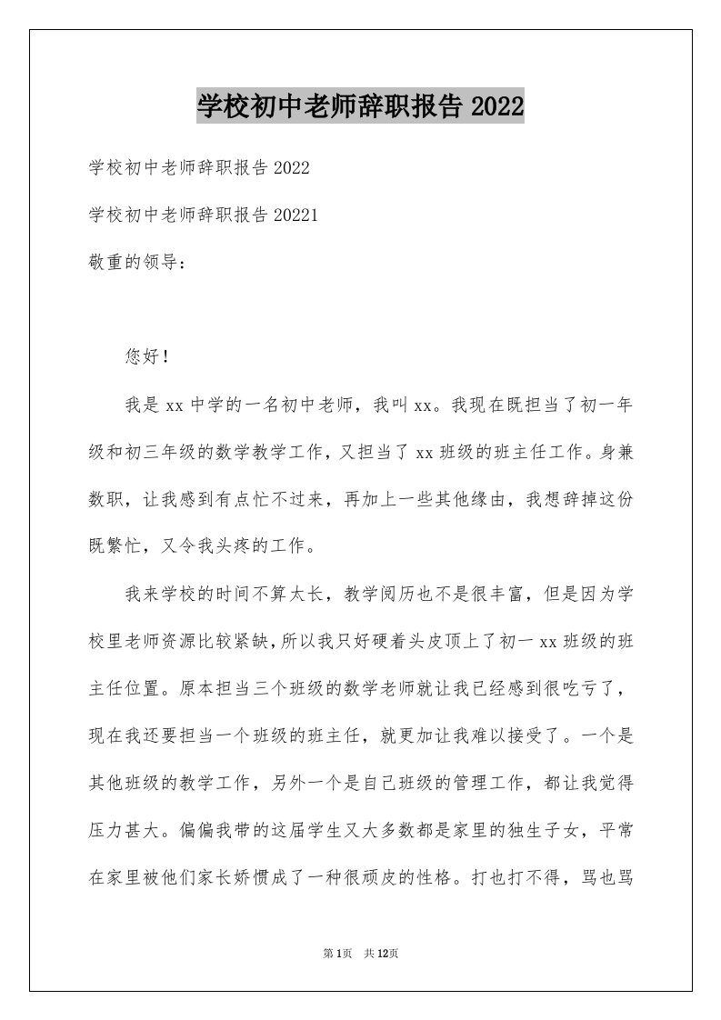 学校初中老师辞职报告2022