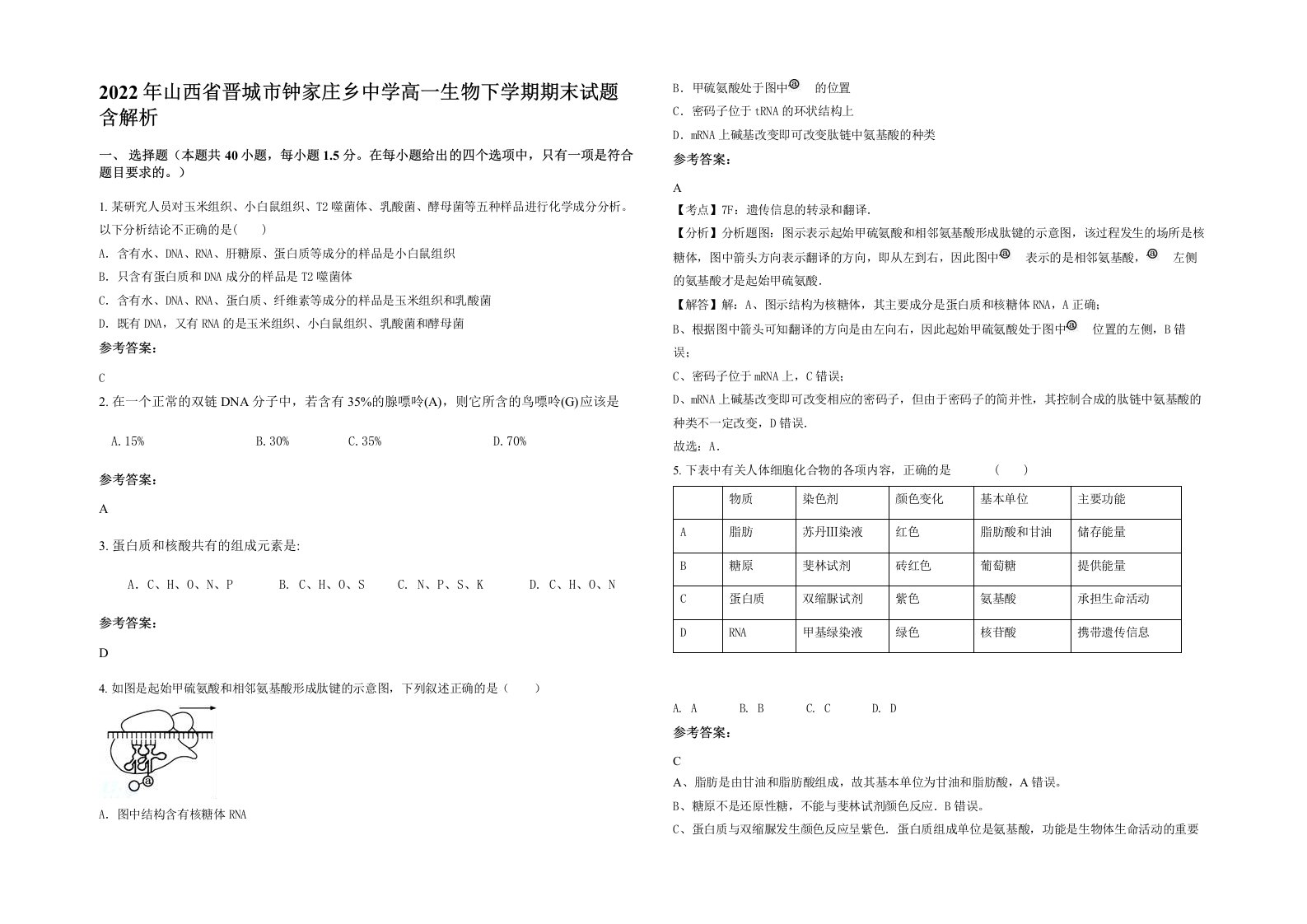 2022年山西省晋城市钟家庄乡中学高一生物下学期期末试题含解析