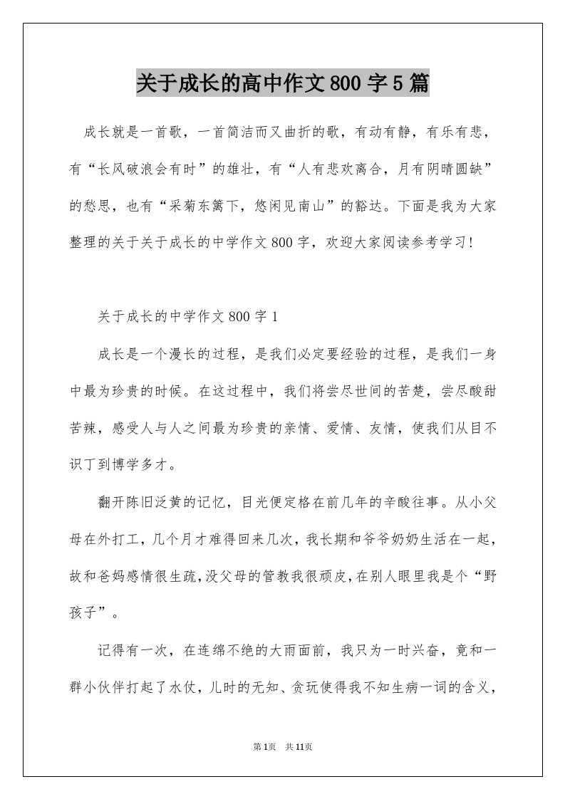 关于成长的高中作文800字5篇