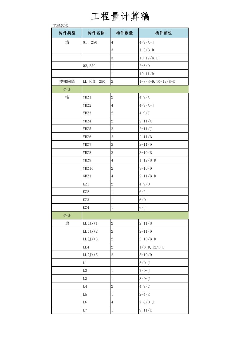 工程量计算稿excel表格模板