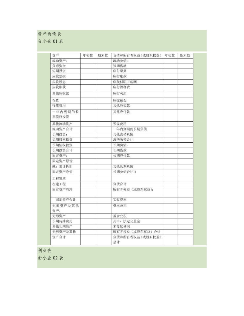 资产负债表、利润表表格