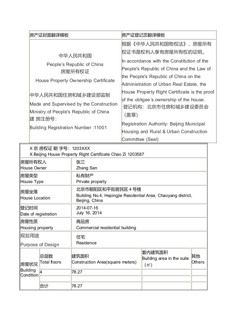 签证用全国房产证封面翻译模板