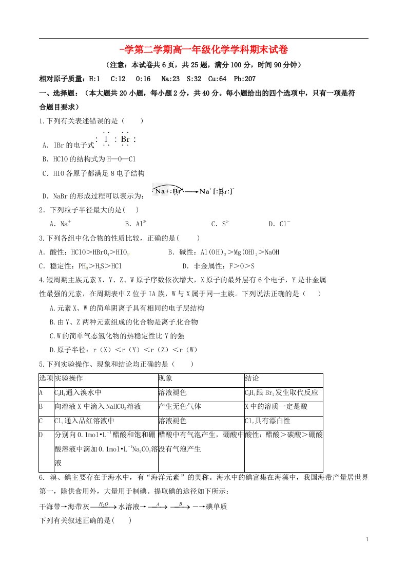 陕西省西北大学附属中学高一化学下学期期末考试试题