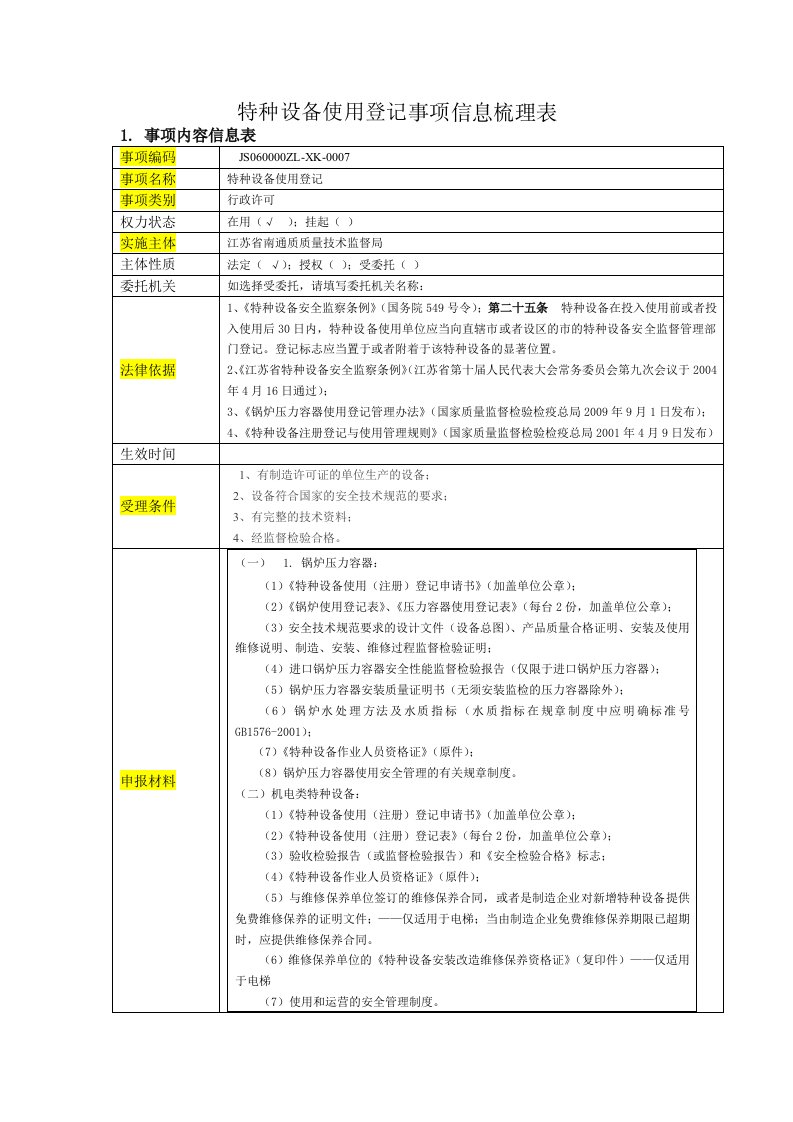 特种设备使用登记事项信息梳理表