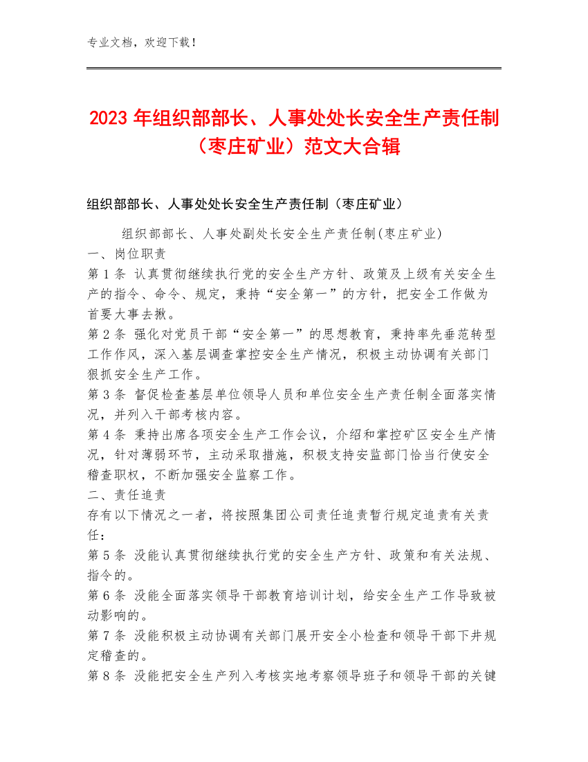 2023年组织部部长、人事处处长安全生产责任制（枣庄矿业）范文大合辑